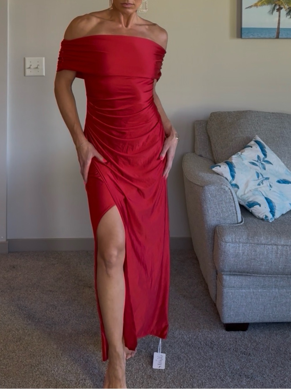 Off-the-Shoulder Red Maxi Dress with Thigh Slit
